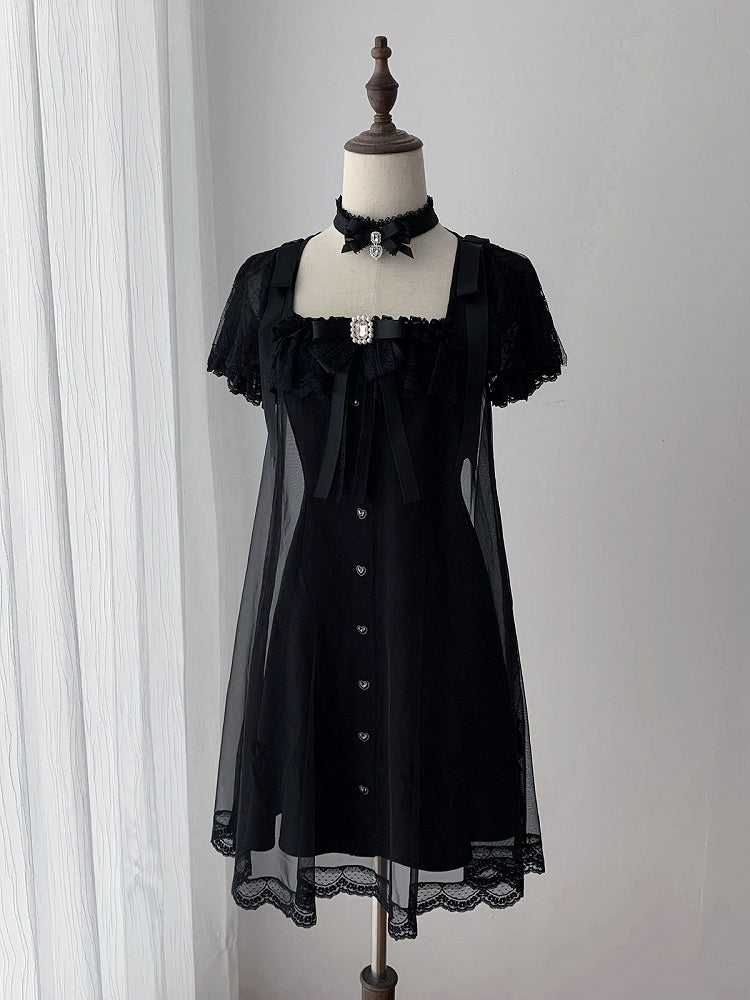 Square-Neck Gothic Dress with Sheer Overlay & Bow Detail - Ekomi