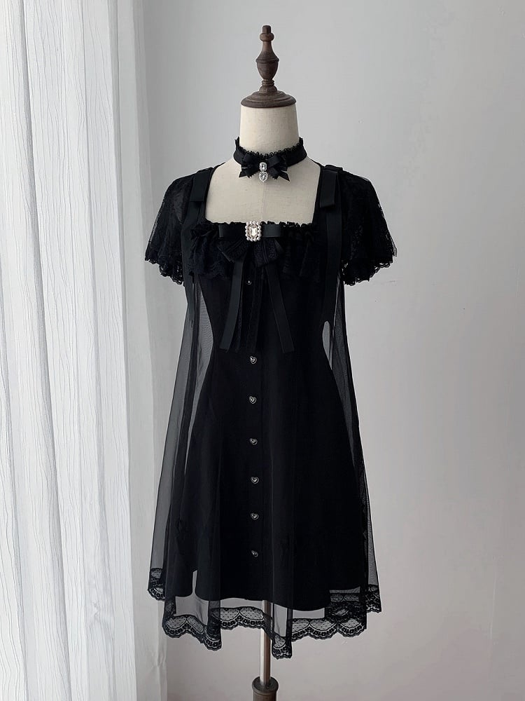 Gothic Square Neck Dress with Bow Accents - Ekomi
