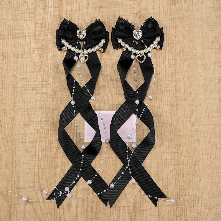 Colors Jirai Kei Heart Rhinestone 5 Bow Hairclips with Beaded Chains