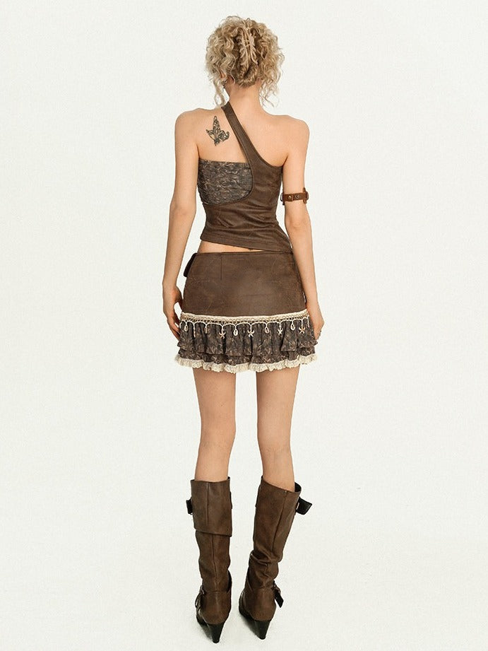 Vintage Punk Coffee Lace Trim A-Line Skirt with Shell Pendant Detail