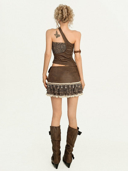 Vintage Punk Coffee Lace Trim A-Line Skirt with Shell Pendant Detail