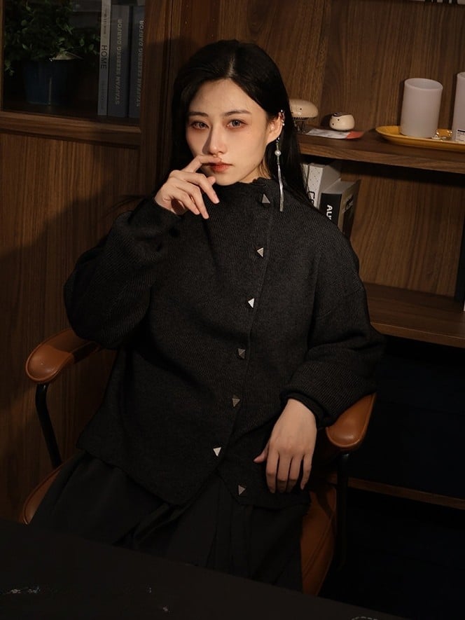 Unisex Chinese Cardigan Knit Black Traditional Front Button Style - Design