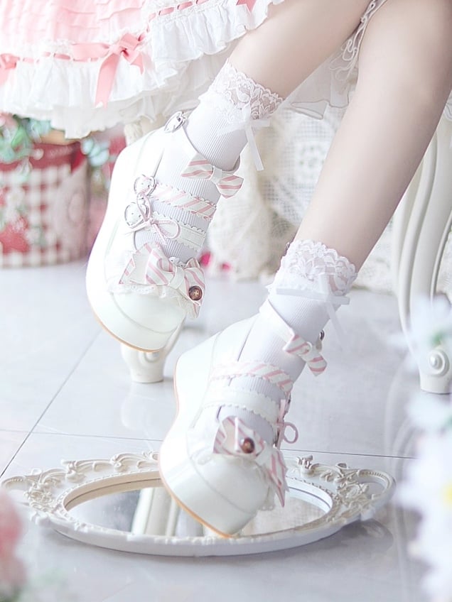 Top Mary Janes with White Lace Lolita Sweet Clasp Platform Bow Accent - Trim Button Heart