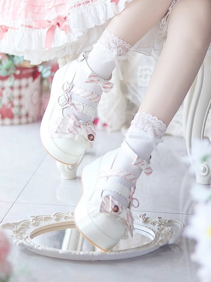 Top Mary Janes with White Lace Lolita Sweet Clasp Platform Bow Accent - Trim Button Heart