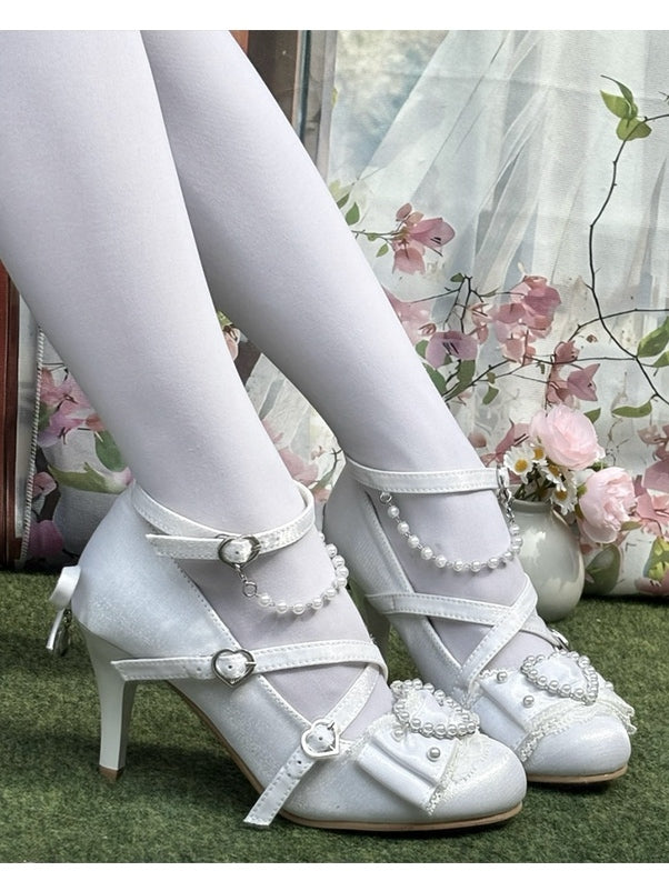 White High Heel - 8cm Beaded with Style Lolita Shoes Decor