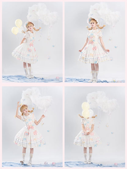 Macaron Farbe Bowknots Weiß JSK Ärmeln Tiered Sweet Lolita Kleid Flatterrock