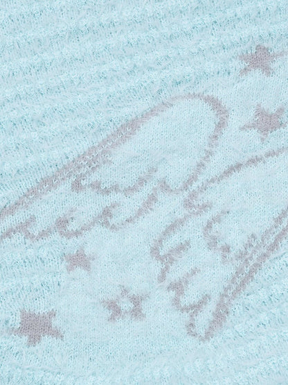 Cool Season Kawaii Blue Asymmetric Faux Mohair Star Wing Sweater - Languid Park