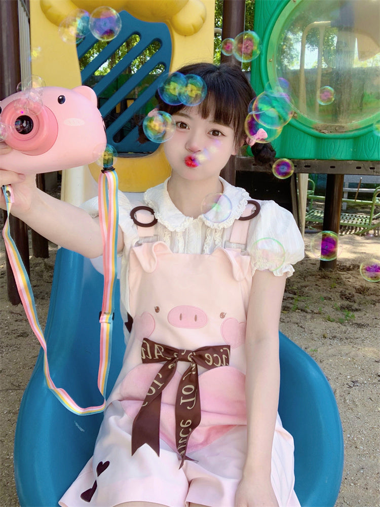 Adorable Piggy Pattern Bubble Shorts Overalls Pink