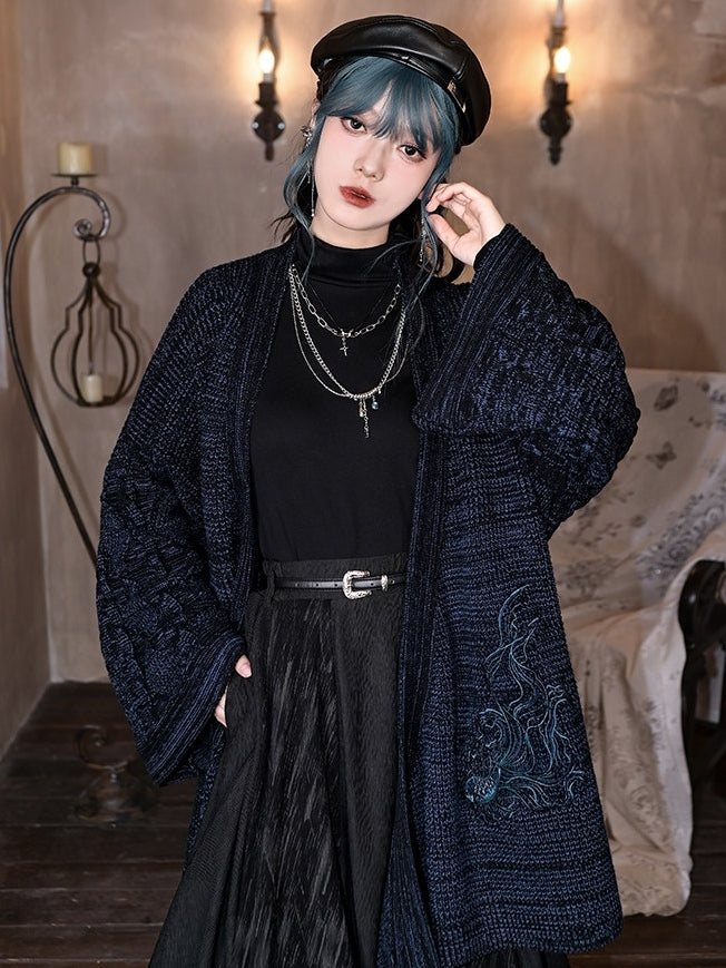 Design Navy Collar Cheongsam Goth Cardigan Self-tie Goldfish Embroidery - Crossover Strap