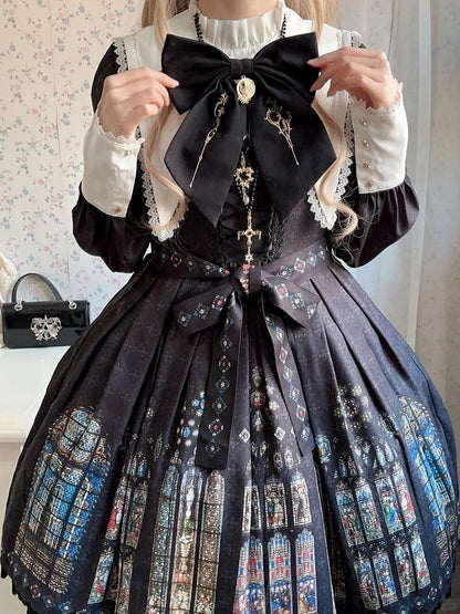 White Dress Window Collar Stained Gothic Sleeves Short Black Version Print Lolita with Long Church Detachable