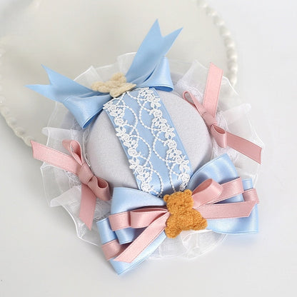 Gorgeous Lace Blue Lolita With Hat Decoration Mini Bear Pink Bowknot