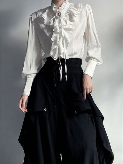 Outfit - Black Built-in Pants Jabot with + White Princecore Collar Design Blouse Corset Wide-leg