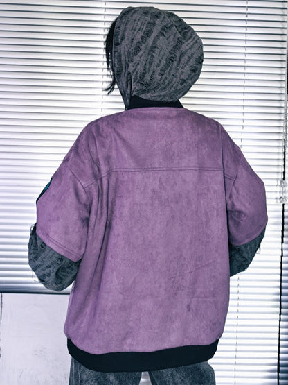 Gothic Gray with Sleeves Suede Jacket Distressed Faux Embroidery Bishop Purple Applique Baseball