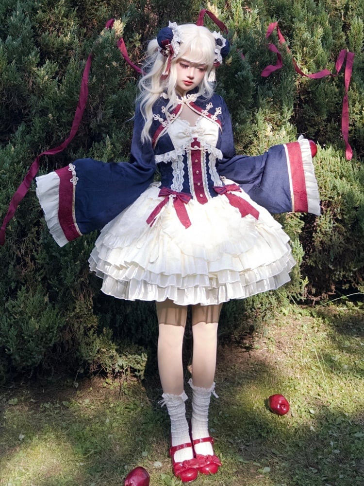 ダークブルーとレッドのドローストリングティアードフリルジャンパースカートセット