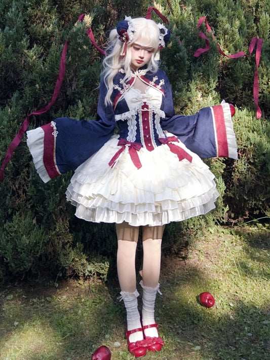 ダークブルーとレッドのドローストリングティアードフリルジャンパースカートセット