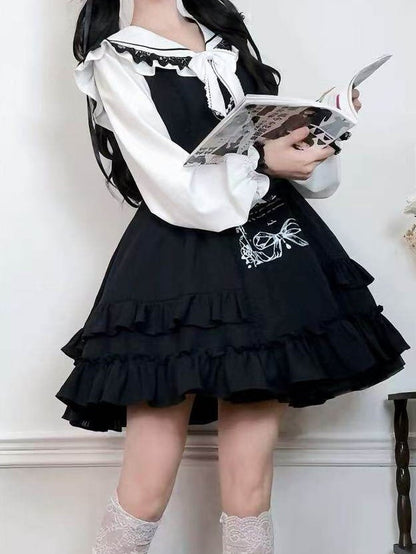 Black Jirai Print Design White Lace Bow Decor Dress and with Trim Ruffle Long-Sleeve Kei