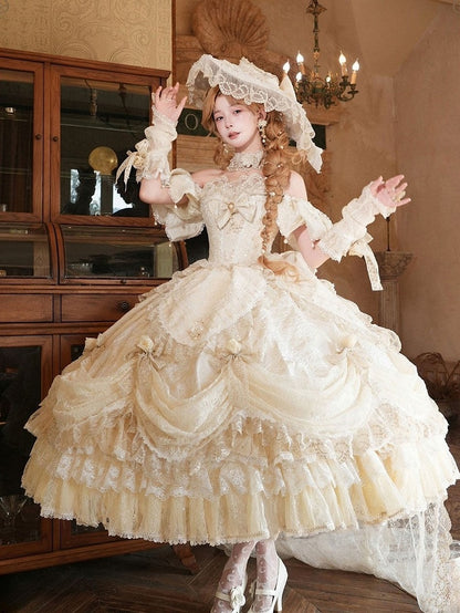 Hime Off-Shoulder Layered Hanayome Ruffles with Gown Lace Details Champagne and Bow Lolita Version Short