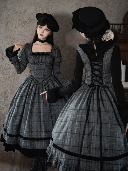 Black Dress Gray Waist Plaid Lolita Ruffle Elegant Boned Under and with Hem Bust