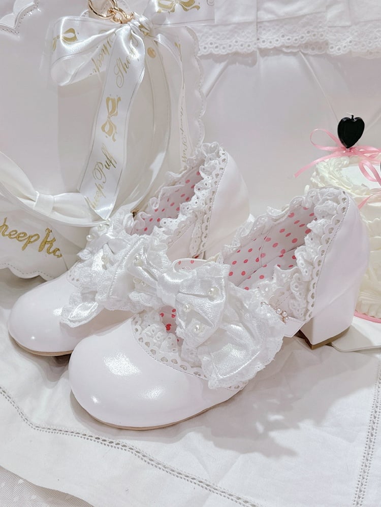 in Bow Sweet with Lace-Trimmed Mid Strap White Beaded Clasp Lolita Heart Heels