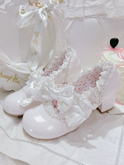 in Bow Sweet with Lace-Trimmed Mid Strap White Beaded Clasp Lolita Heart Heels