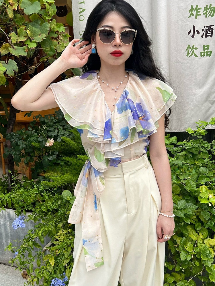 Light Pink Vintage Blue Floral Print Tiered Shawl Collar Chiffon Top