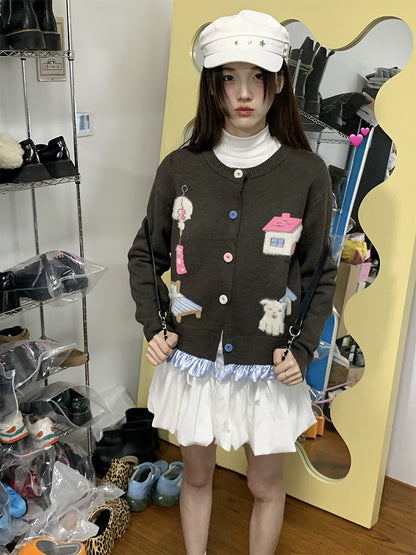 Gray Print Button Home Sweater Warm with Front