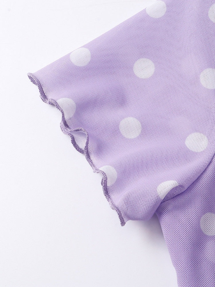 Purple Mesh Tee with Cartoon Girl & Polka Dot Motif - Languid Park