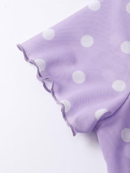 Purple Mesh Tee with Cartoon Girl & Polka Dot Motif - Languid Park