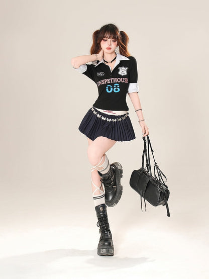 Polo T-Shirt: Numbers Lettering Black Graphic Print Collar with