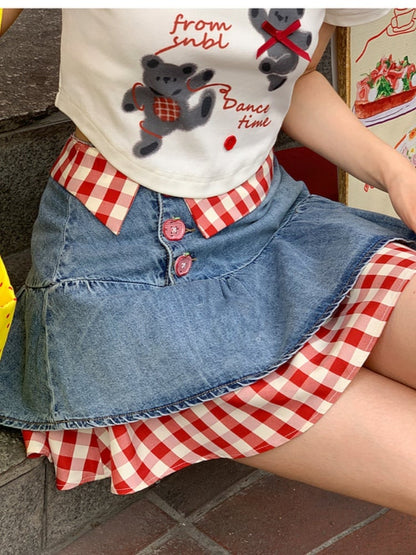 ツーピース ティアードデニムスカート レッドチェックヘム ブルーハイウエストフェイク