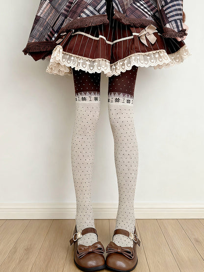 Beige & Brown Retro Snowflake & Polka Dot Pattern Knitted Tights