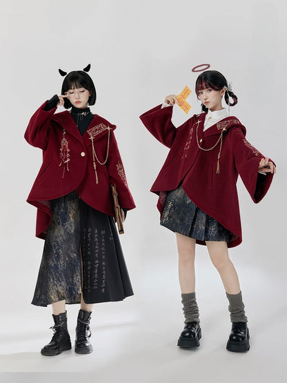 赤い新年の衣装の詳細 ユニセックスフード付きケープコート