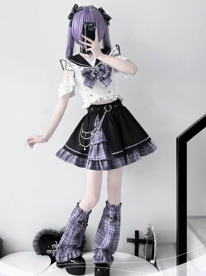 Shoulder Plaid Set-Sailor Skirt Purple And Top+Purple Short Kei Black Cutout Collar Full Sleeves Jirai
