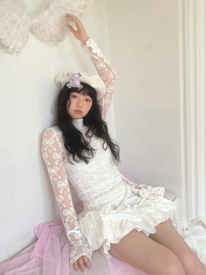 Jacquard Semi-Sheer White Bowknot Long Sleeve Top with Double Edge Ruffle