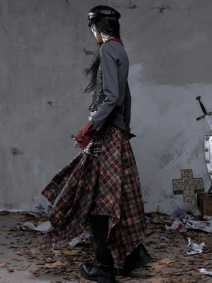 Asymmetrical Knotted Dual Triangular Hemline with Waistband Plaid Front Ties Dark Red PU Vintage Punk Skirt Rock