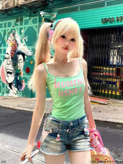 キャミトップ グリーンレタープリント グラマラス