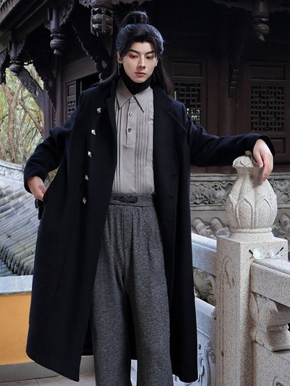 Side Button Style Slits Scarf with Front Set Placket Chinese Unisex - Coat Black