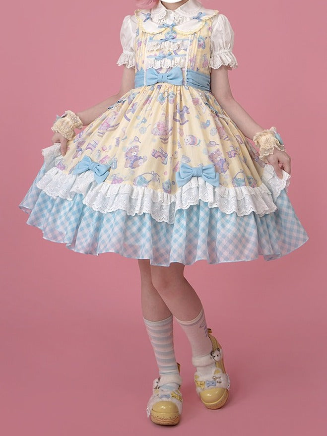 Adorable Lolita JSK Gown in Yellow and Blue with Lace Trim Detail - Vcastle