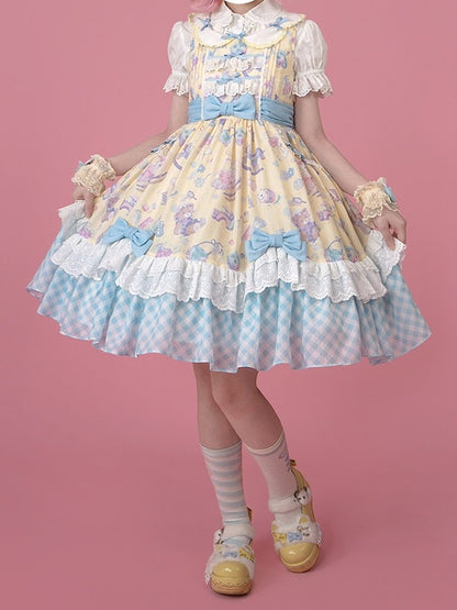 Adorable Lolita JSK Gown in Yellow and Blue with Lace Trim Detail - Vcastle