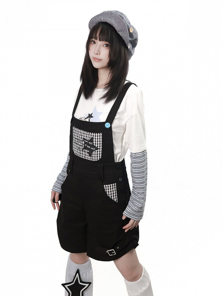 Daily Kawaii Black Plaid Spliced Overall Shorts - PINK SAVIOR