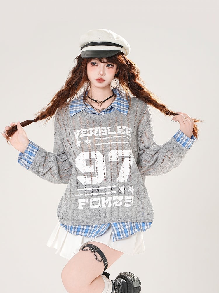 Faux Gray/White Holes Two-pieces Distressed Coverup Plaid Hem