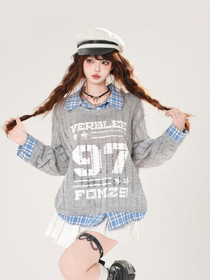 Faux Gray/White Holes Two-pieces Distressed Coverup Plaid Hem