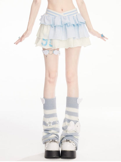 ウエストバンドブルーミニとホワイトウエストポイントカラーブロックティアードデザインスカート