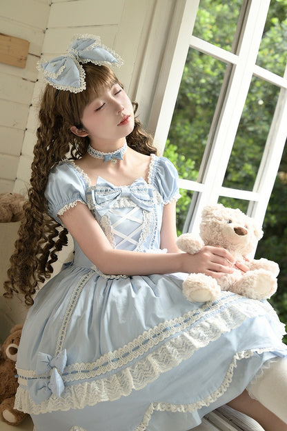 und kurzes Stück blau One Neckline Puff Old Lolita School Ärmel Baumwollkleid Square
