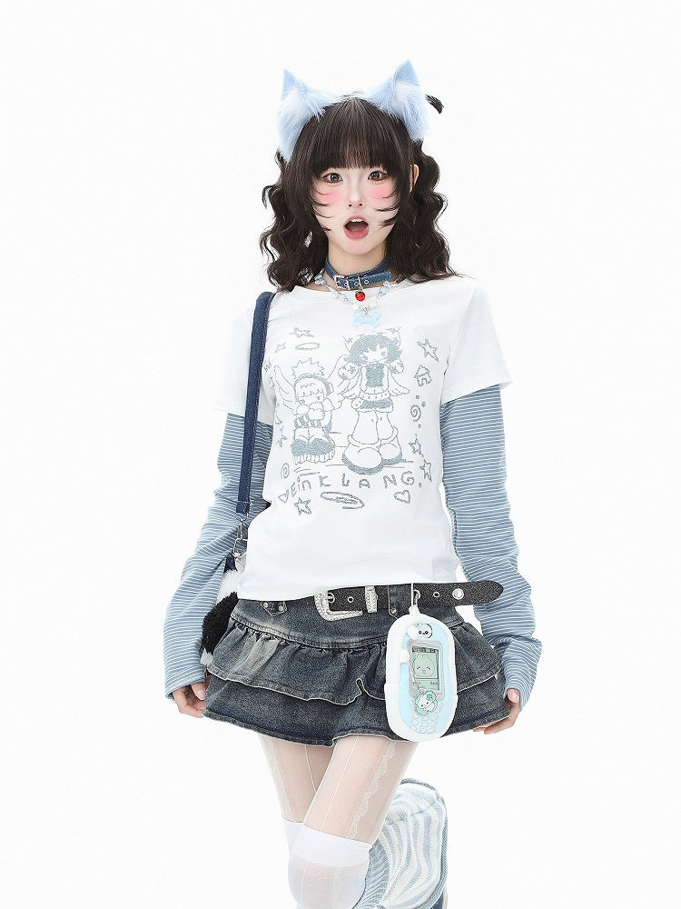 Cartoon Print Long Top Vibes: Otaku Striped Faux Sleeve Two-Piece White/Gray Cozy