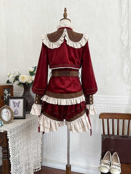 Pieces Set-Beige Ouji Aristocrat Lolita Waist Fashion Red Shirt+Coat+High Christmas Three Shorts