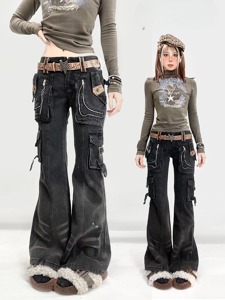 Distressed Cargo Flared with Punk Black Wasteland Millard Vintage Design Pockets Fashion Jeans