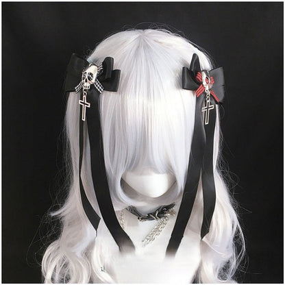 Head Bow Pendant Hairclip with Cross Skull Black