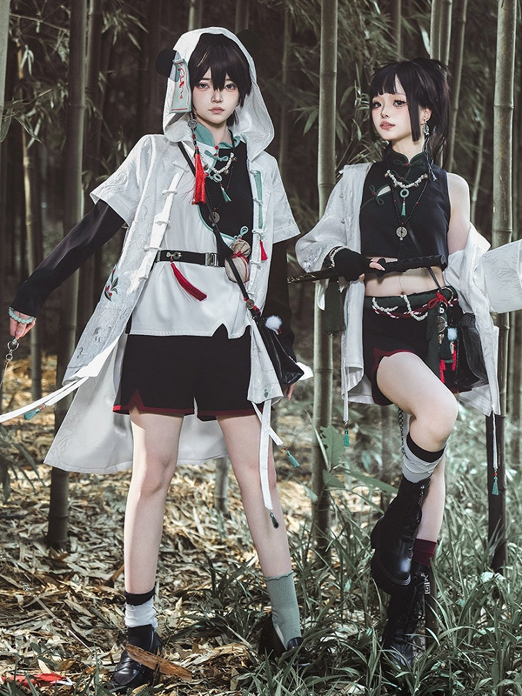 Mantel Panda Weiß Blatt Jacquard Kapuze Ohren Bambus