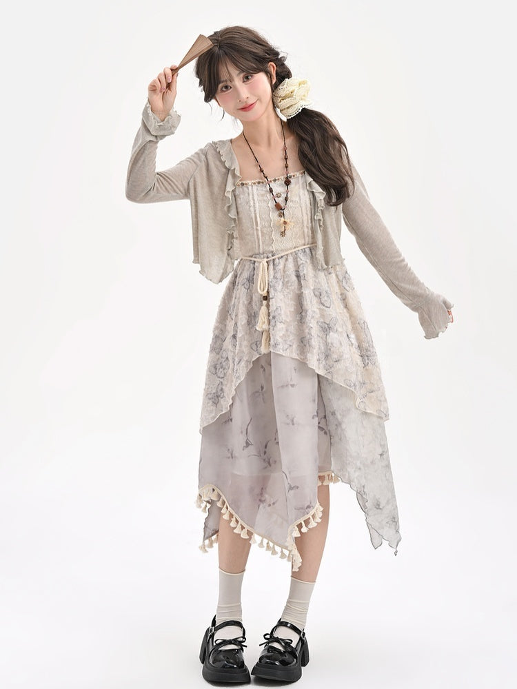 Kei Cheongsam Hem Asymmetrical Tassel Mori Slip Dress Jacquard Style Gray